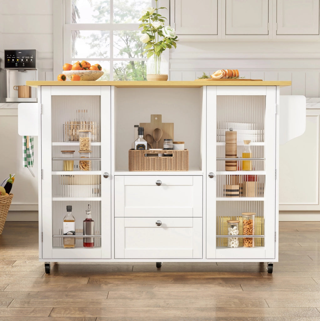 Isola da cucina su ruote con piano ribaltabile 120x45(70)x92 cm in MDF natural e bianco