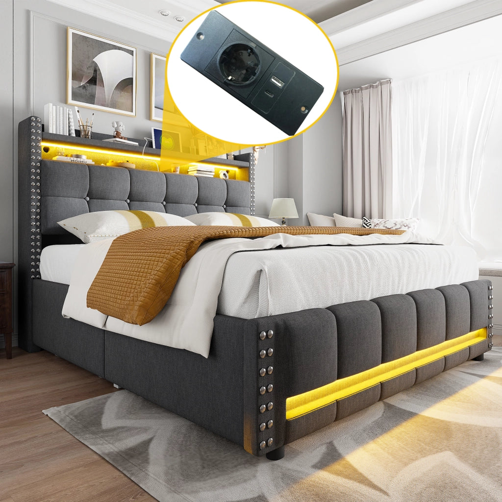 LETTO Imbottito matrimoniale 140x200 cm grigio con LED, USB e cassetti