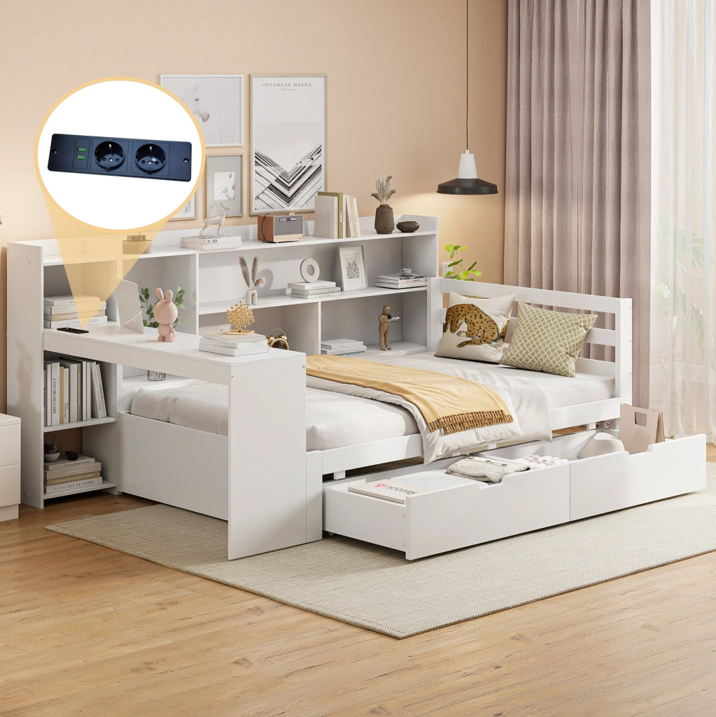 Divano letto multifunzionale 90x200 cm con scrivania; libreria; prese USB; bianco