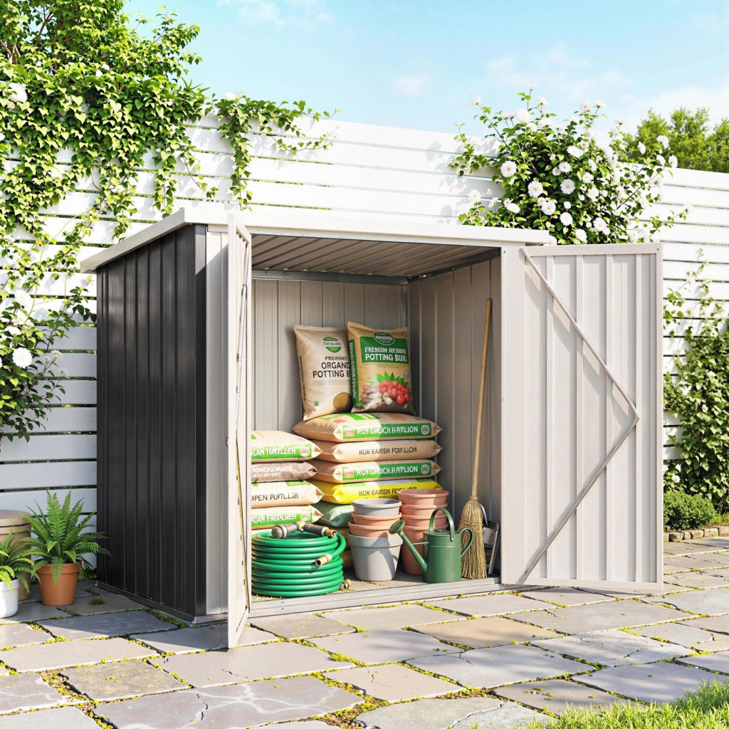 Casetta da Giardino in Lamiera di Acciaio con Doppia Porta, 147x86x134 cm, Nero e Bianco