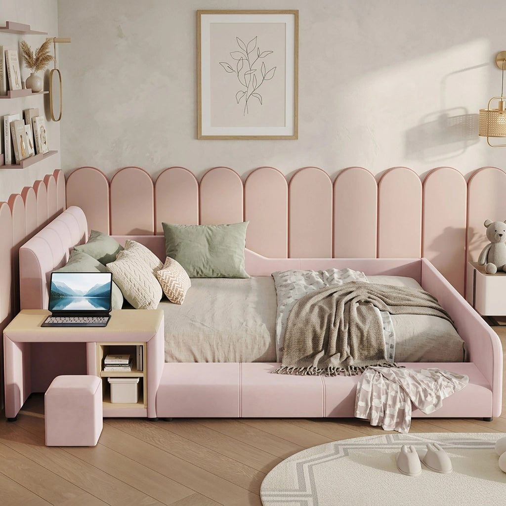 LETTO imbottito 140x200 cm Velluto Rosa con scrivania, sgabello e ripiano