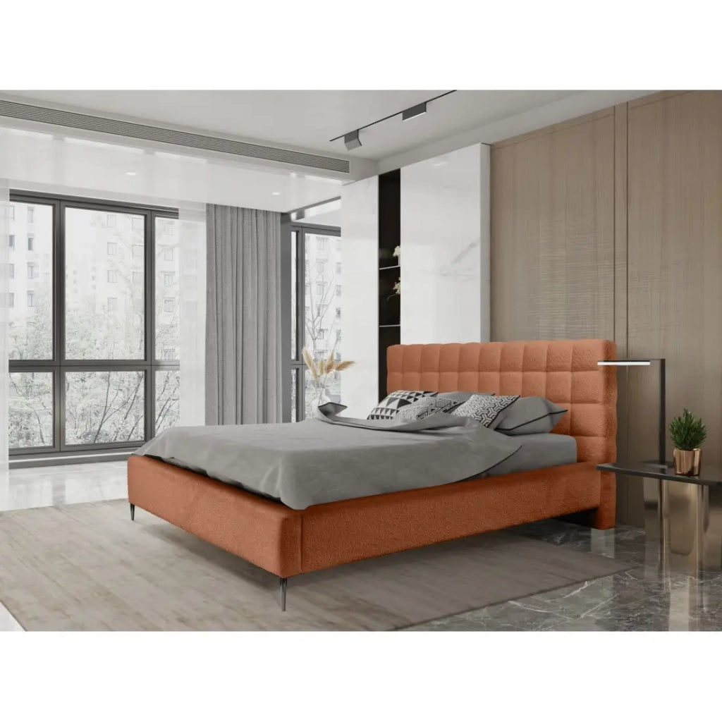 Letto MILLIO - Terracotta - 140x200 cm - Tessuto bouclé in ciniglia - Rete inclusa - Comfort da hotel 5 stelle