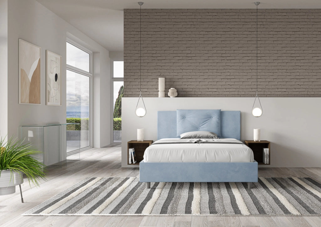 BS COM Letto una piazza e mezza con rete imbottito 130x190 microfibra azzurro