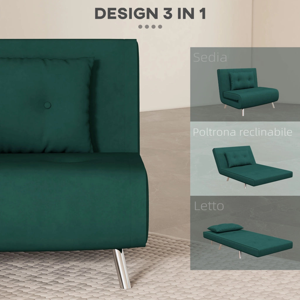 Poltrona Letto Singolo 3 in 1, Poltroncina Reclinabile a 3 Livelli con Rivestimento in Velluto e Cuscino, 100x88x83cm, Verde Scuro