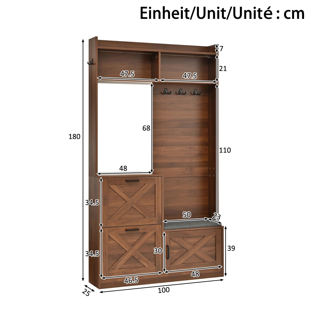 Mobili da ingresso con specchio; 2 vani ribaltabili per scarpe; LED regolabile via app; panca; noce; 100 × 25 × 180 cm