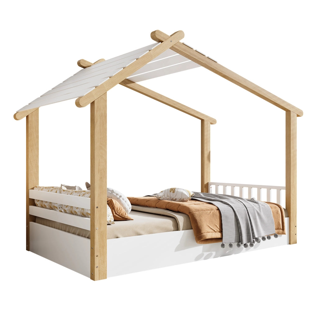 Letto per bambini a forma di casetta 90x200 cm, legno bianco e naturale, con reti a doghe stabili, struttura in pino, truciolare e MDF