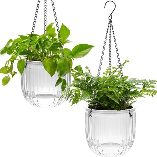 Set di 2 hangvassoi autoirriganti, vasi per piante, contenitori per piante da appendere per interni da 16,5 cm con 3 ganci, fori di drenaggio per interni ed esterni, soffitti, balconi, decorazione di parete (bianco).