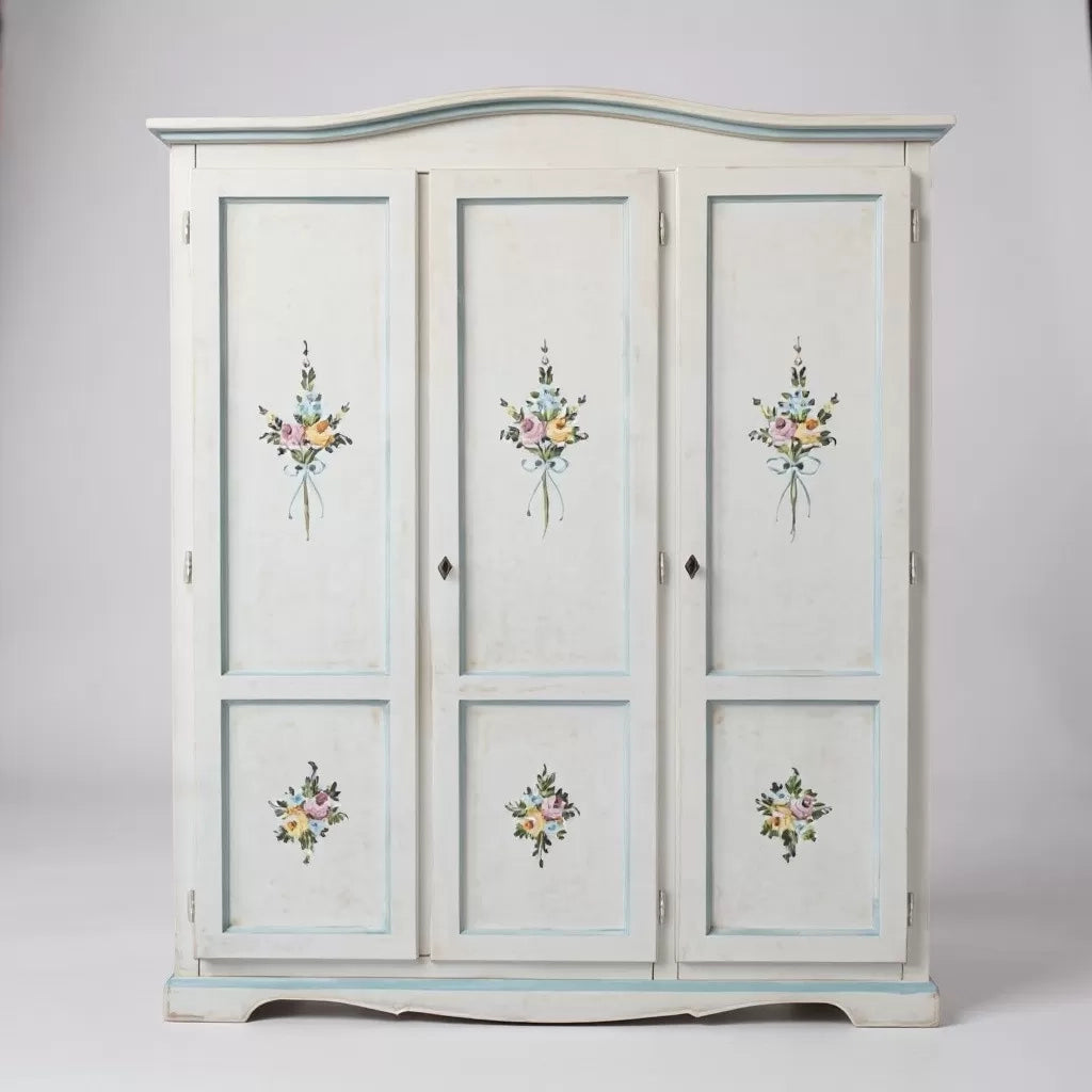 Armadio 3 porte legno bianco anticato filo azzurro decorato 158x56x197 - Mobili 2G