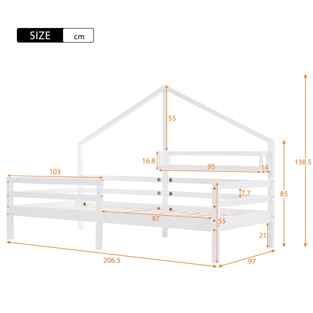 Letto con Sponda 90 x 200 cm; Letto Singolo con Mensola Posteriore - in Legno - Bianco