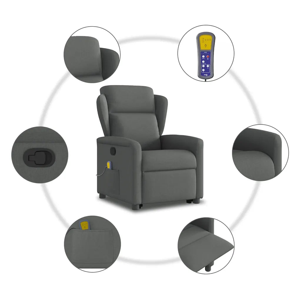Poltrona | Sedia Relax Alzapersona Massaggi Reclinabile Grigio Scuro Tessuto