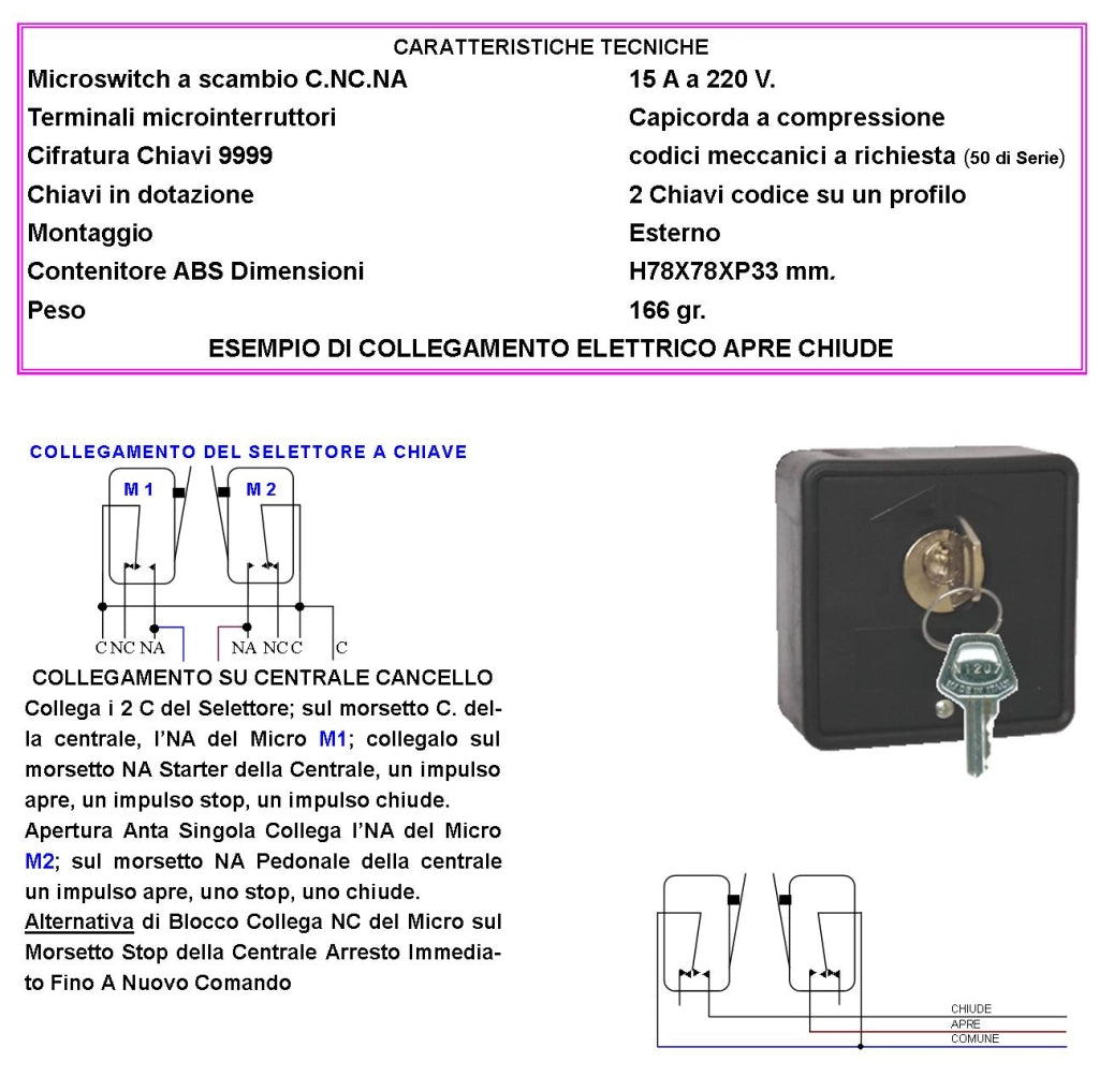 Interruttore o Selettore Ritorno a Molla 3 Posizioni Apre Stop Chiude 2 Chiavi 2 Microswitch Contatti 15A Isolamento 250 V Comando Automatismi Apertura Condominiale Pedonale Montaggio Esterno a Parete