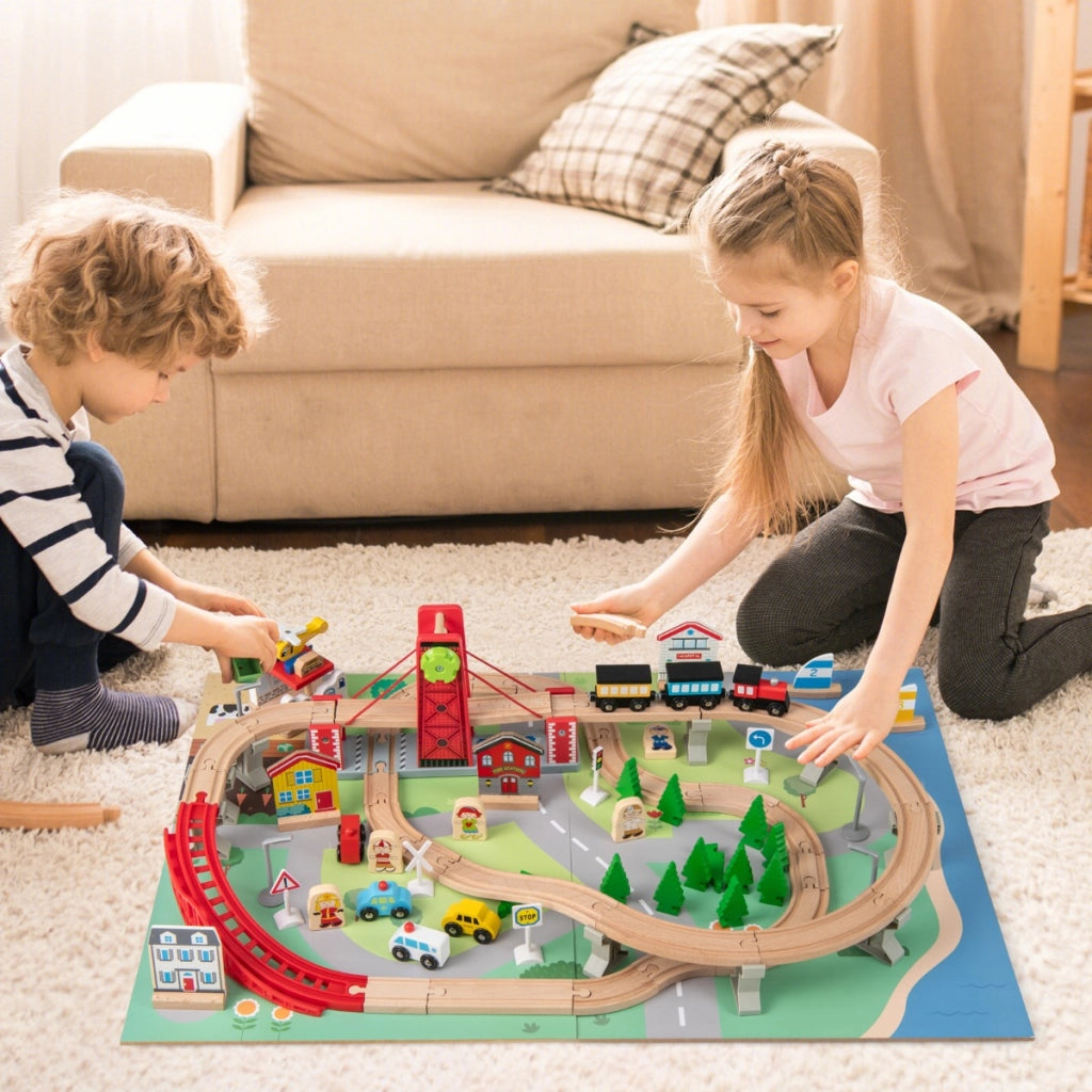 Tavolo da gioco multifunzionale per bambini con 2 superfici reversibili, Tavolo con set di treni in legno Naturale