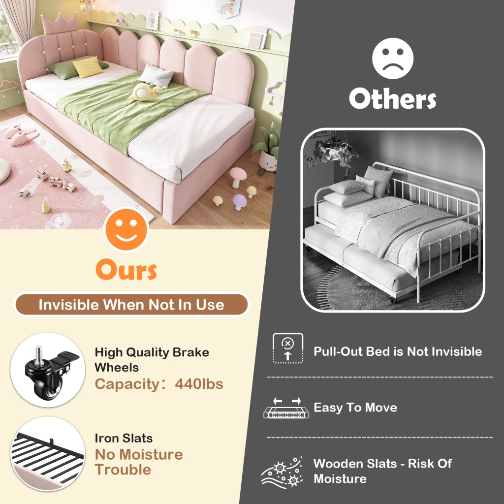 DESMIU Lit simple 90 × 200 cm con letto estraibile, design corona e griglia, senza materasso, in velluto, rosa