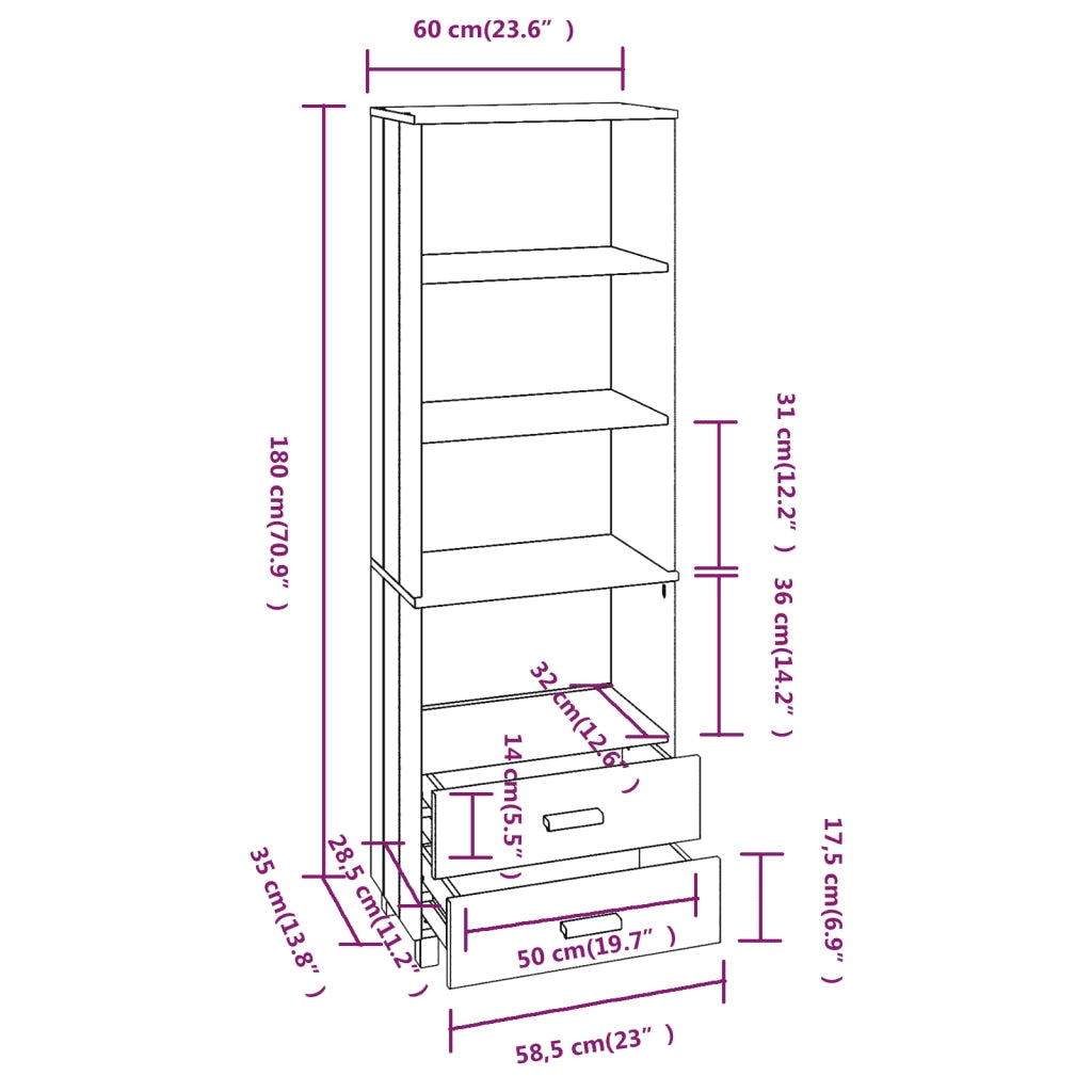 Credenza | Madia | Buffet da pranzo | Armadio da pranzo HAMAR Bianca 60x35x180 cm in Legno Massello di Pino
