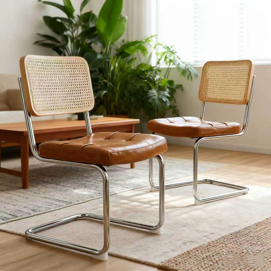 Sedia da pranzo set da 2 - Sedia in velluto e rattan con gambe cromate – Design Mid-Century Modern ispirato a Breuer – Sedia imbottita ideale per soggiorno, cucina e altri ambienti