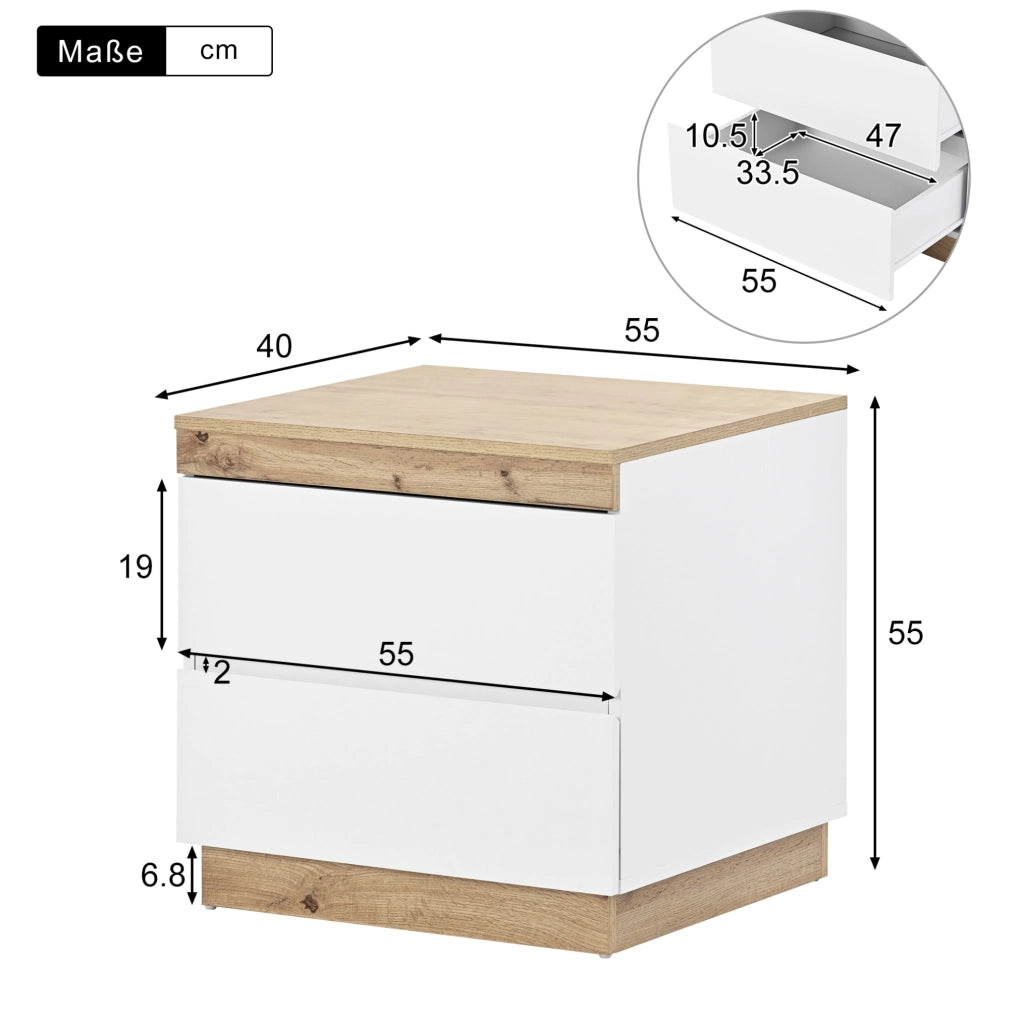 Comodino classico con 2 cassetti; in truciolare E1 bianco e rovere