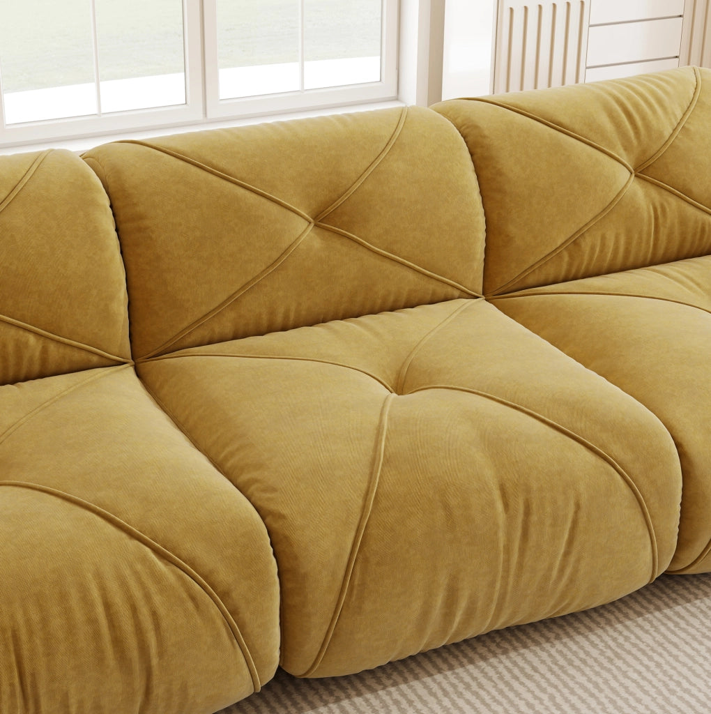 Divano modulare 2 posti con pouf in chenille gialla; 204x171x76 cm