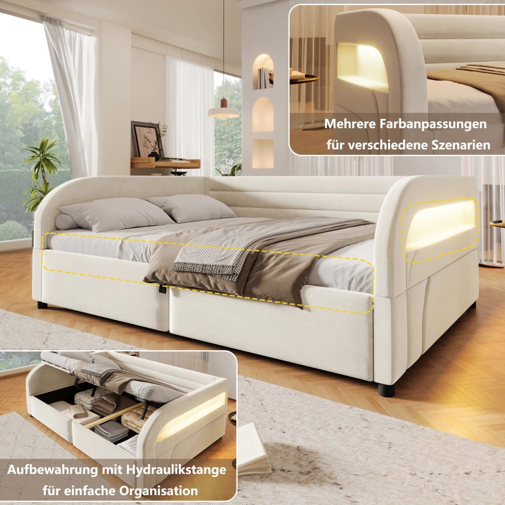 DESMIU Lit con contenitore 140 × 200 cm 2 posti con apertura idraulica, LED, senza materasso, in flanella, beige
