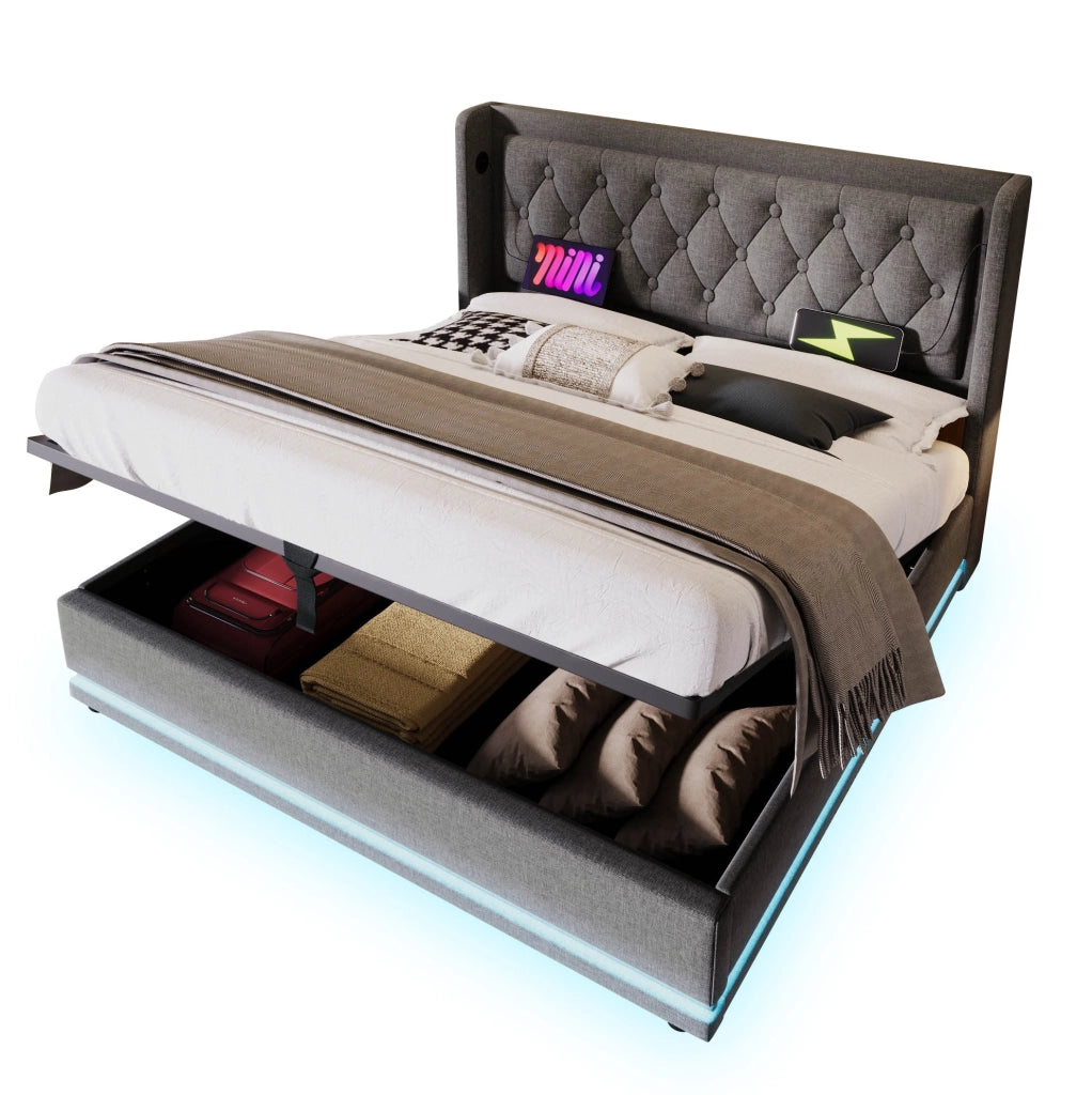 Letto imbottito 140x200 cm con materasso, contenitore, USB Type-C e LED