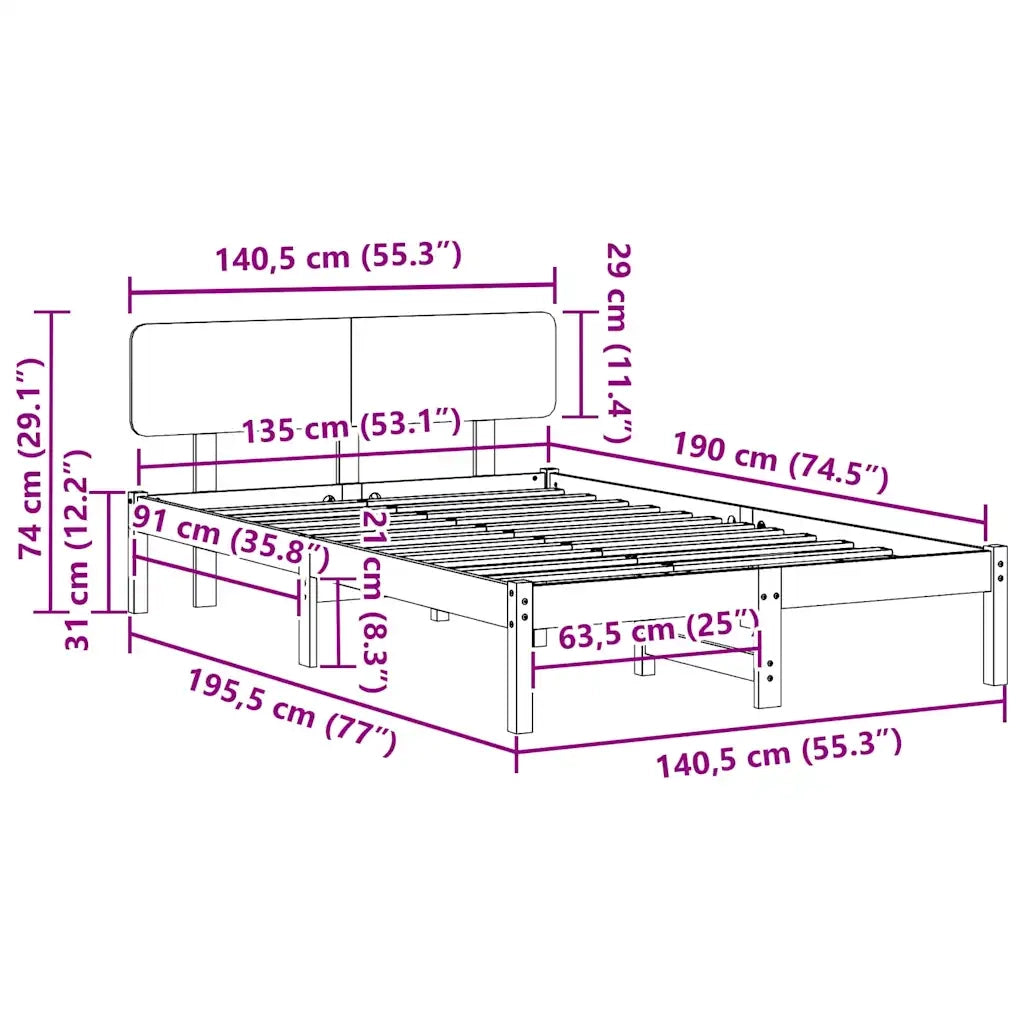 Letto matrimoniale | Letto per adulti | Struttura del letto Marrone cerato 135 x 190 cm Pino massello