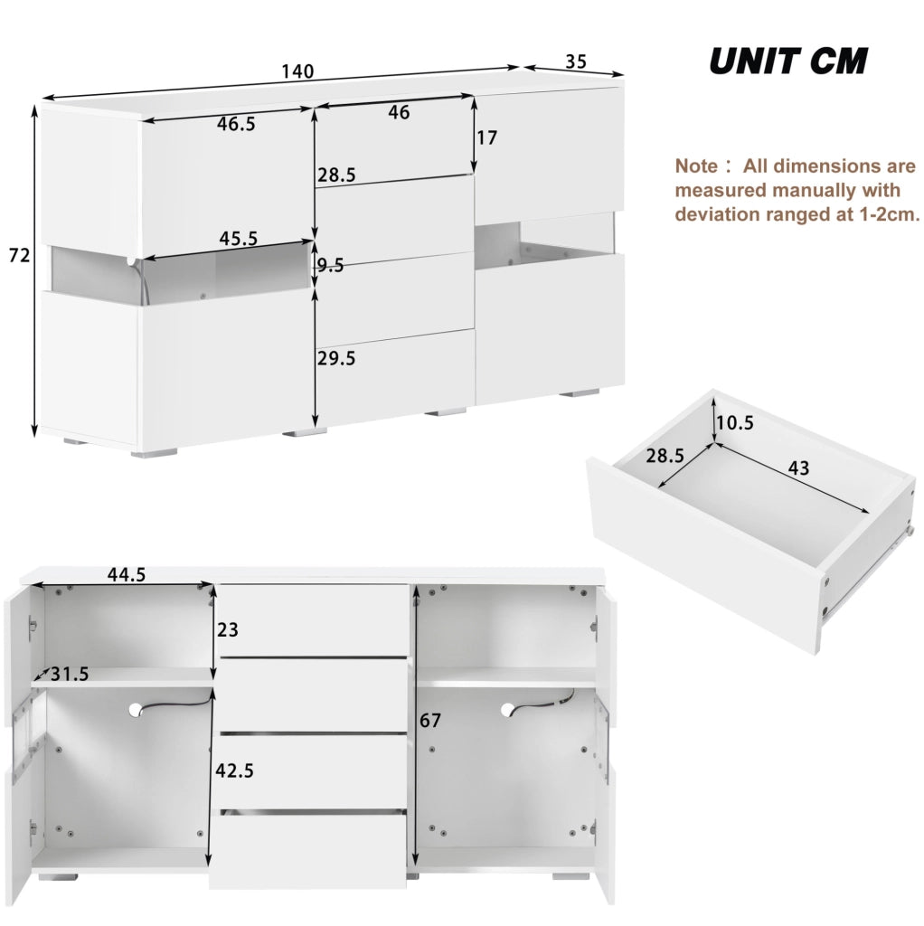 Sideboard bianco 140 cm con LED controllati da app; 2 ante in acrilico e 4 cassetti