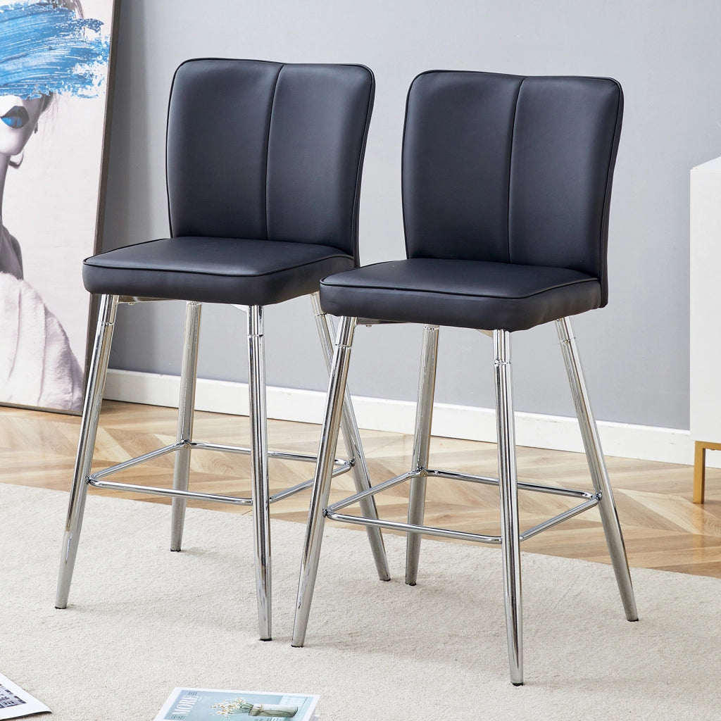 Set di 2 sgabelli da bar h 101 cm in PU nero e metallo argento, con schienale ergonomico e seduta imbottita
