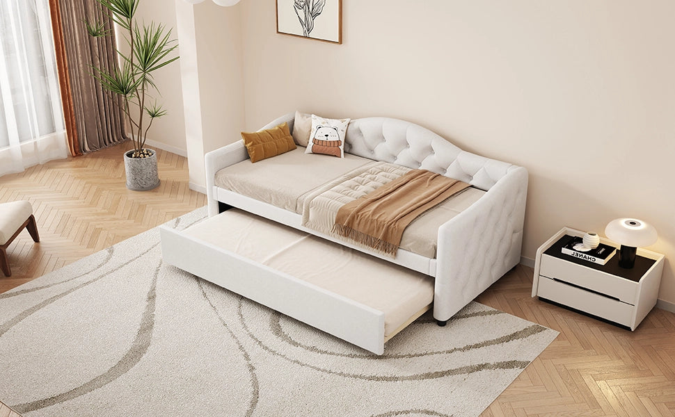 DESMIU Letto singolo 90 × 200 cm 1 posto con letto estraibile, senza materasso, in lino e MDF, stile minimalista, beige
