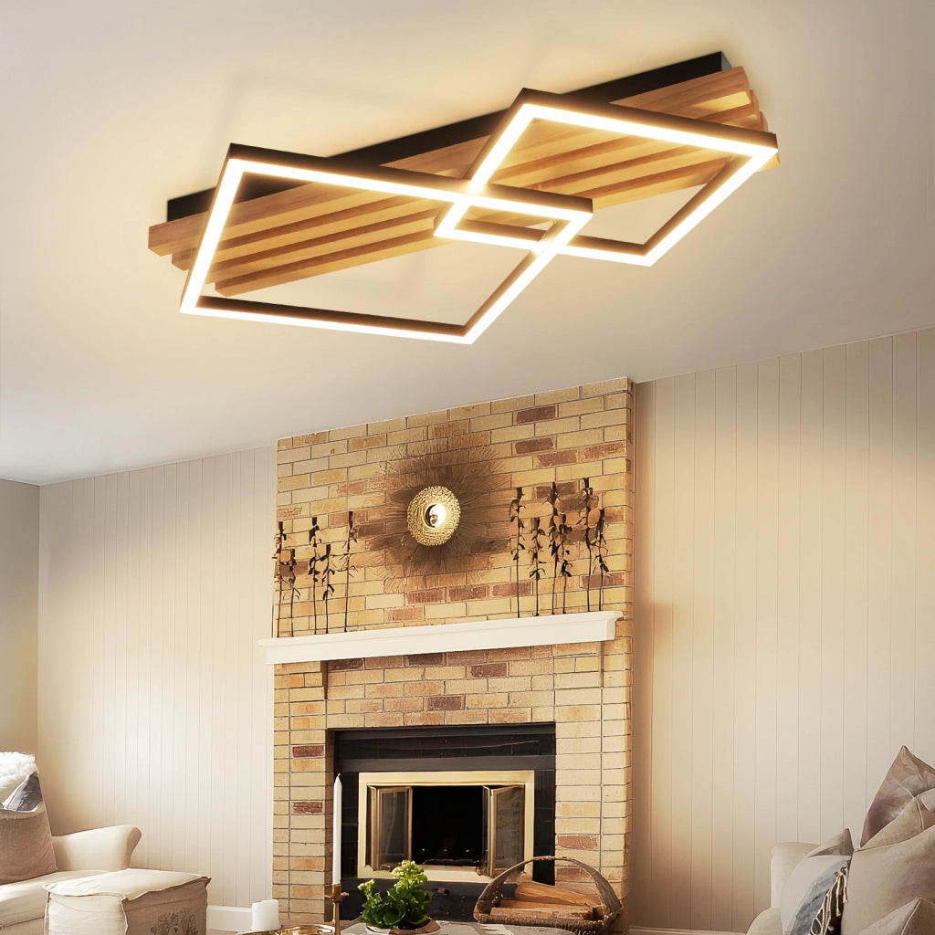 ZMH Lampada da soffitto LED in legno dimmerabile 55 cm 36W design geometrico quadrato con telecomando per camera letto