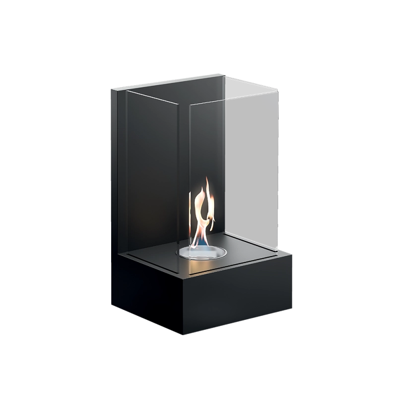 Biocamino parete / tavolo Altea Nero 0,8 kW – 3 vetri protezione, fiamma a spirale, struttura acciaio – Tecno Air System