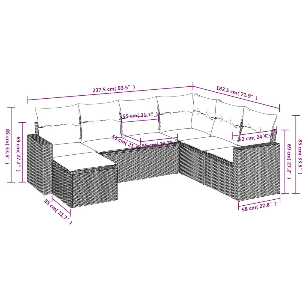 Set Divani da Giardino 7pz con Cuscini Grigio Chiaro Polyrattan