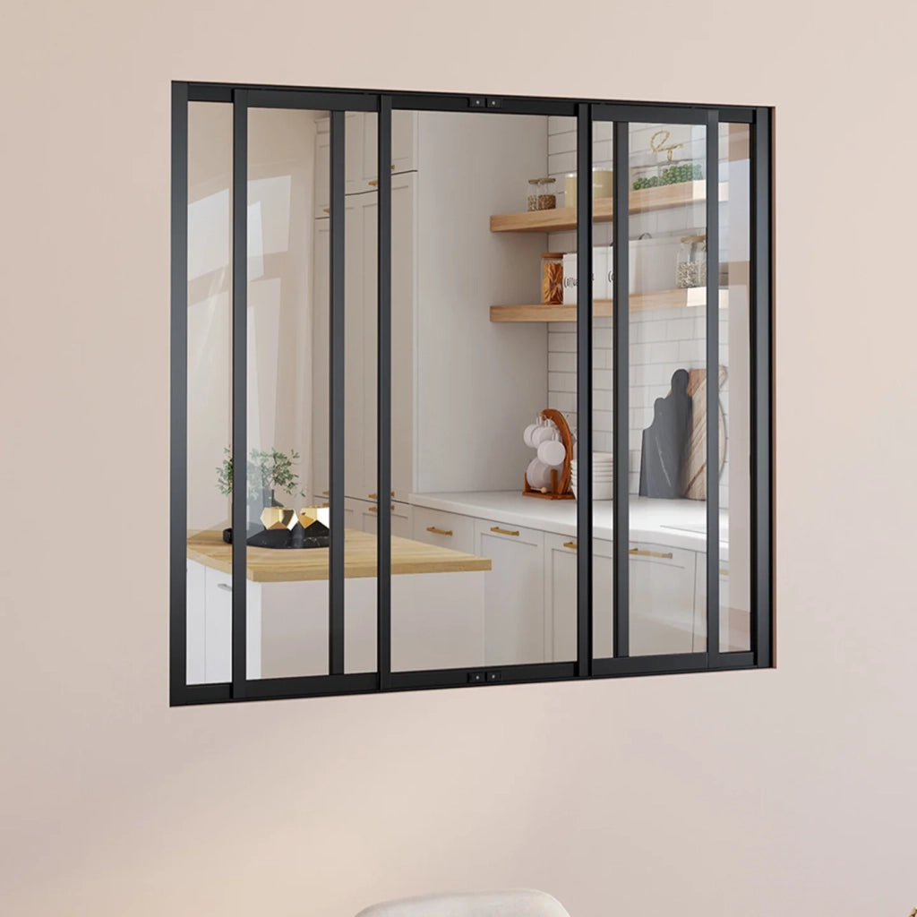 IDMarket - Tetto in vetro dell'officina scorrevole a 4 pannelli L. 120 x H.108 cm in metallo nero e vetro temperato