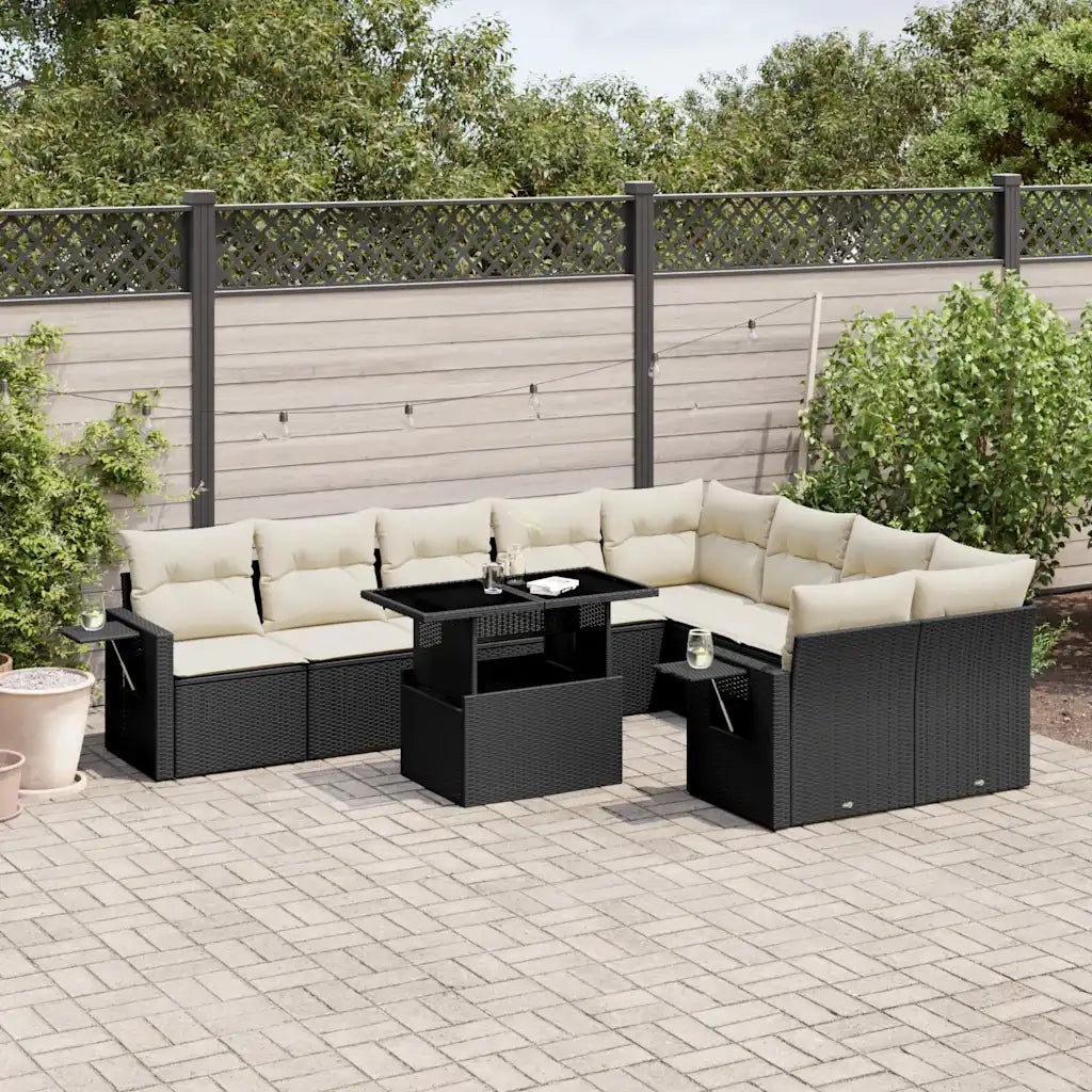 Set Divani da Giardino 10pz con Cuscini in Polyrattan Nero