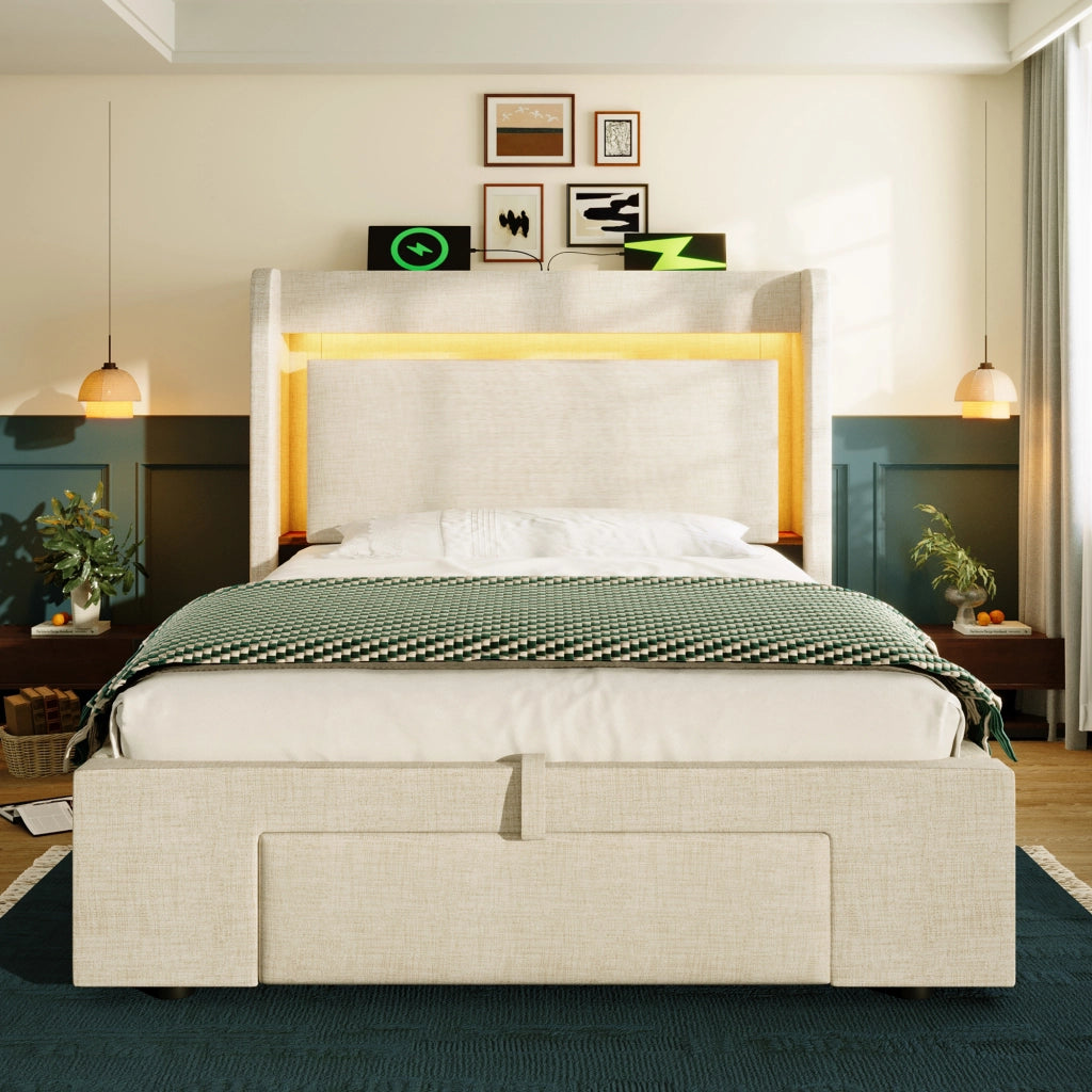 LETTO Contenitore 90x200 cm Beige in Lino con USB, USB-C e LED