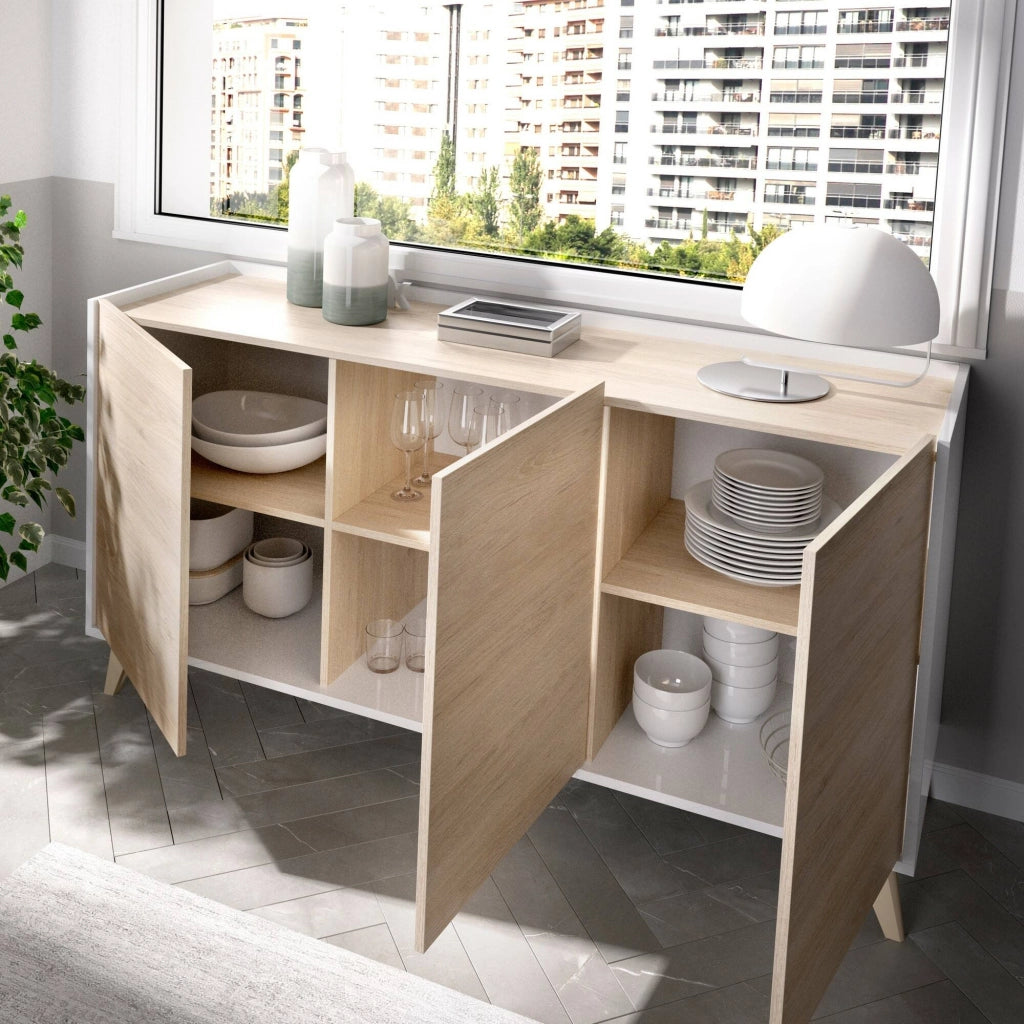 Credenza Afrodite, Buffet da soggiorno, Madia moderna da salotto a 3 ante, 155x43h75 cm, Rovere e Bianco