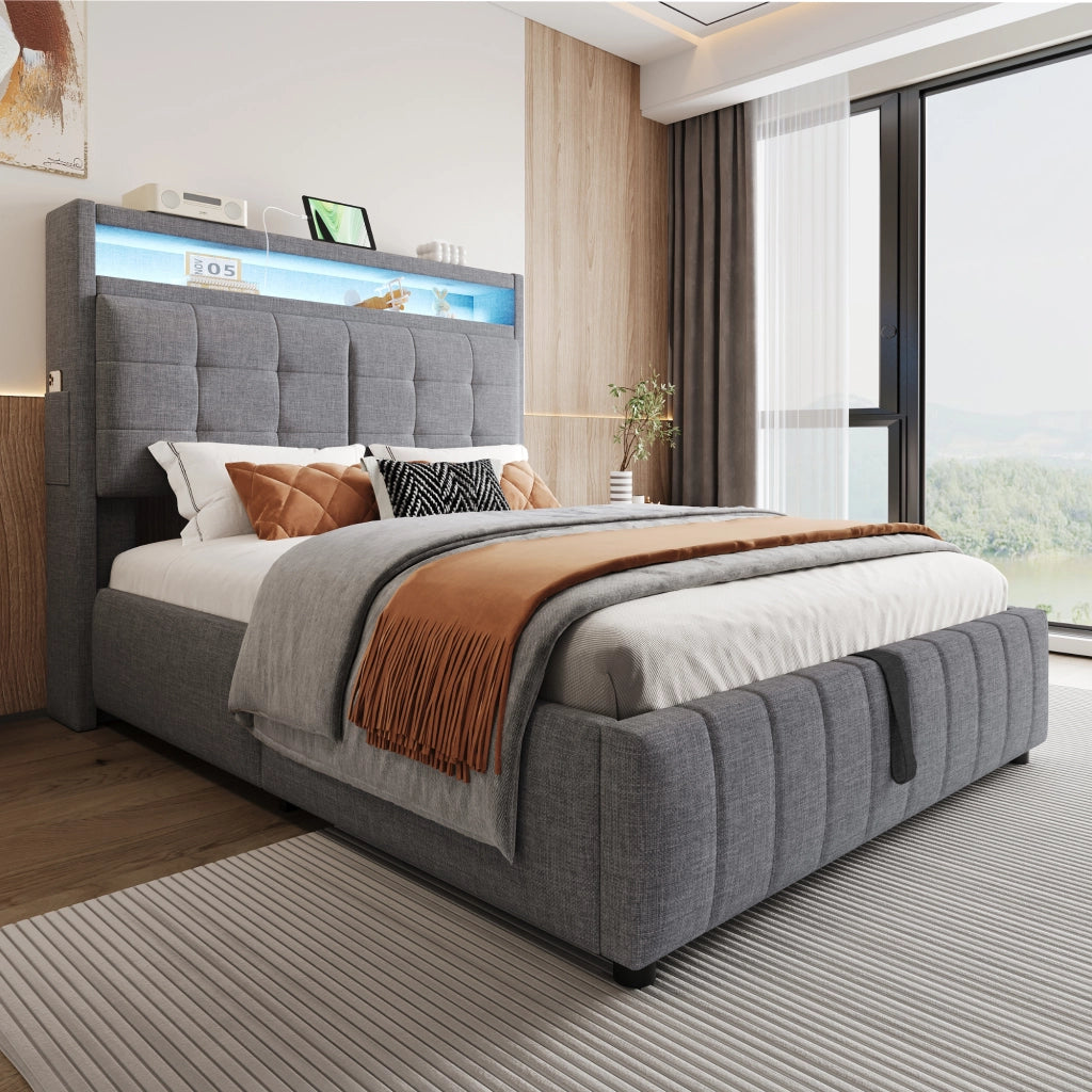LETTO Imbottito 140x200 cm Grigio in Lino con LED, USB e contenitore