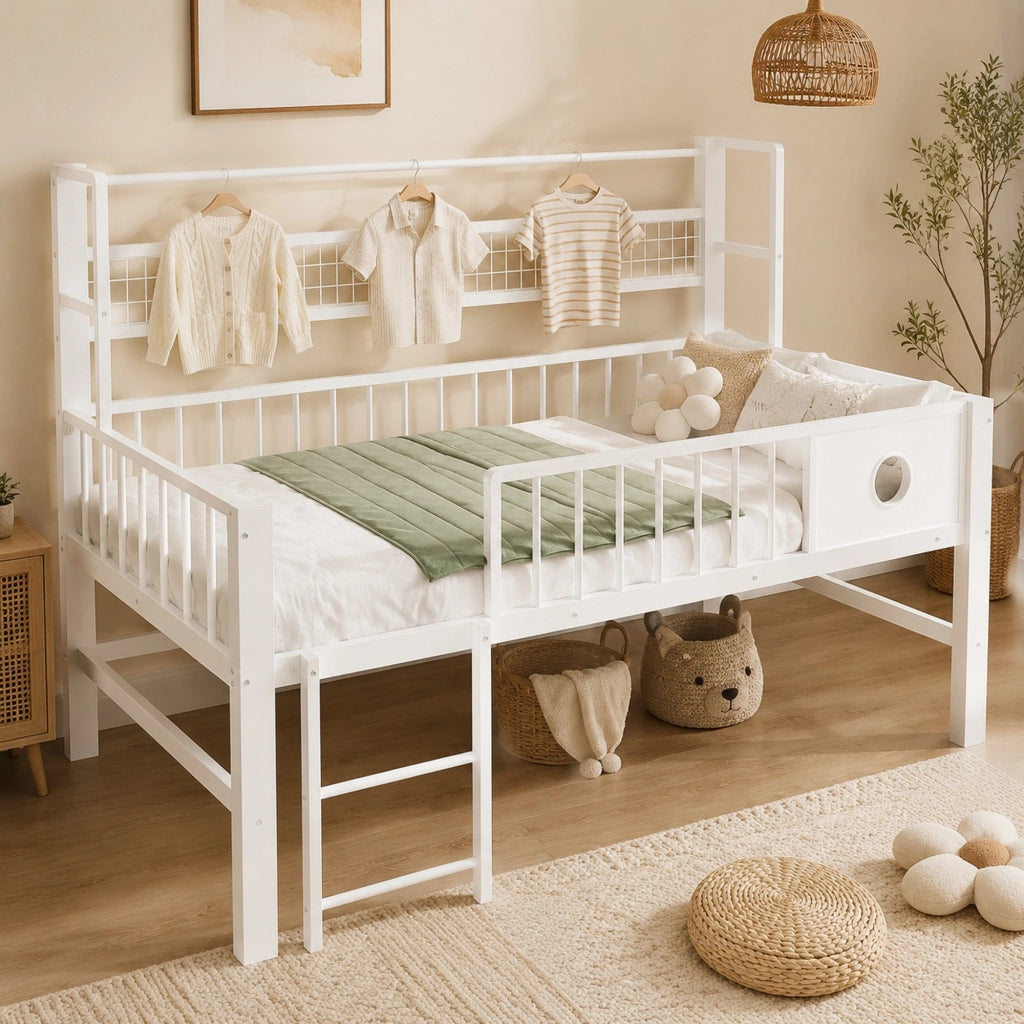 Letto a soppalco basso per bambini 90x200 cm in metallo e MDF; bianco