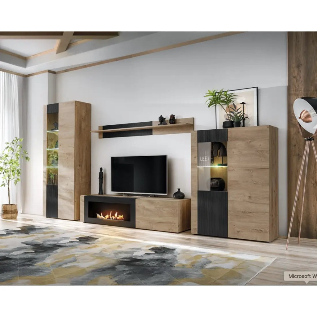 Mobile TV DOUM – Rovere chiaro e nero – Con camino bio-etanolo – L160 x H42 x P45 cm