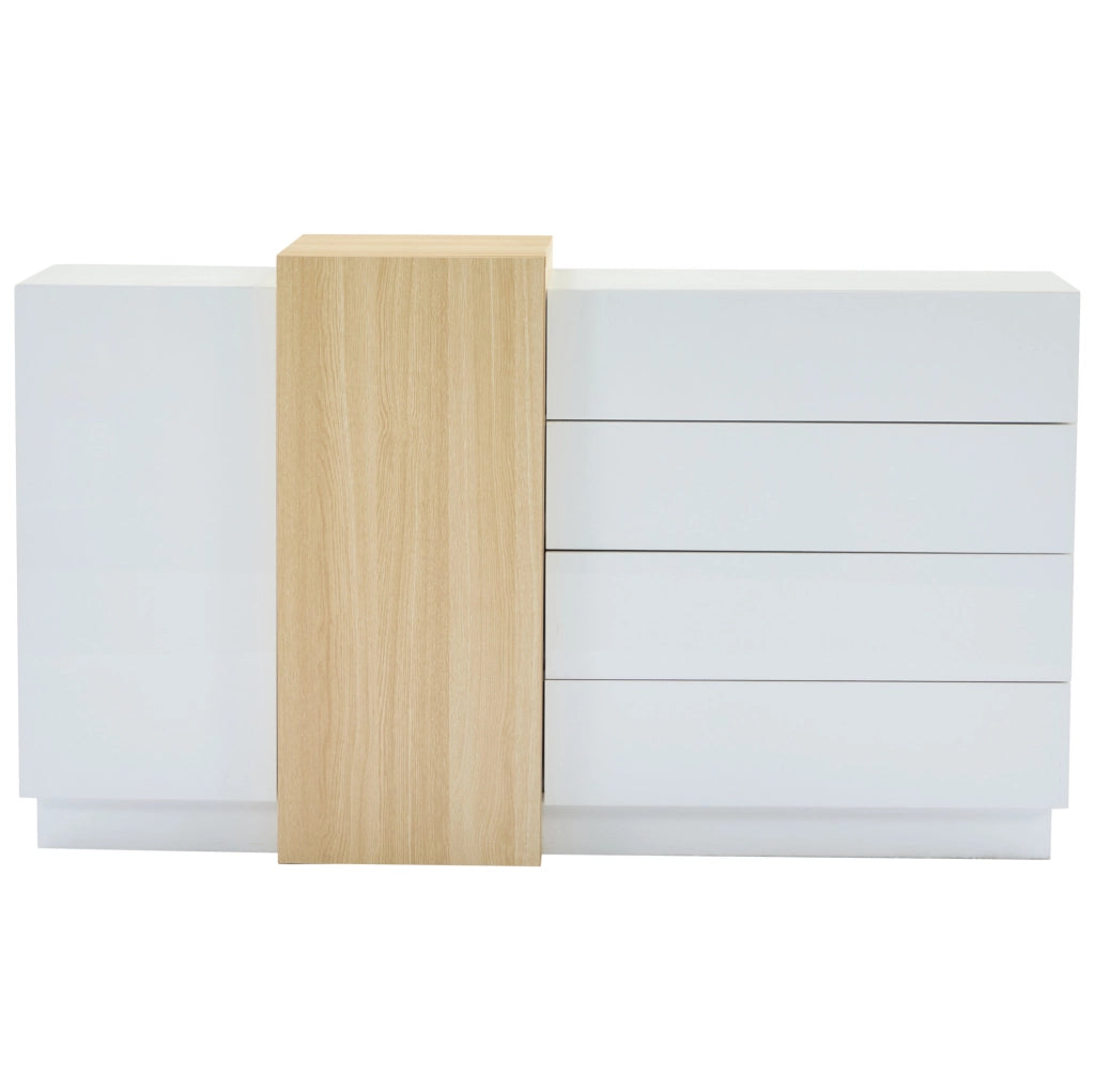 Credenza moderna bianca lucida in MDF 140 x 35 x 76;5 cm con 4 cassetti e 2 ante