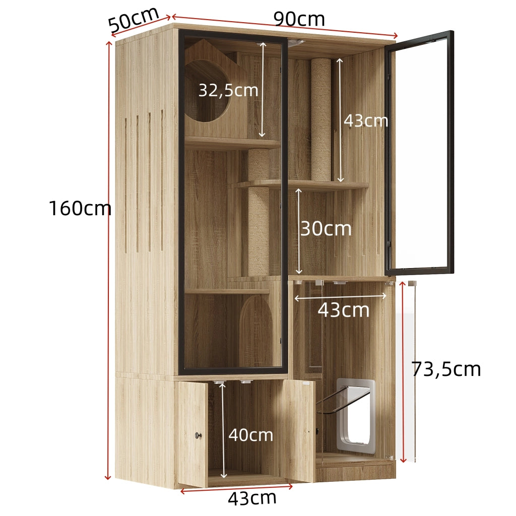Mobile per gatti a più livelli con porta bloccabile e tiragraffi, in MDF e vetro, finitura naturale, 90 × 50 × 160 cm