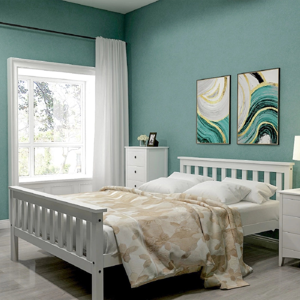 Letto matrimoniale, letto in legno 140 x 200 cm, letto in legno massello con rete a doghe, letto in pino per adulti, bambini, ragazzi, bianco