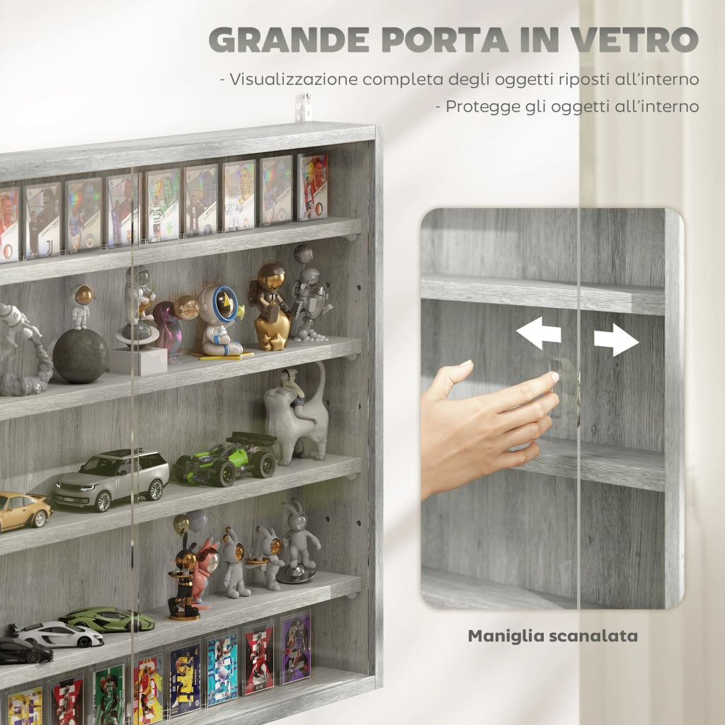 Libreria a 4 Ripiani Regolabili in Legno con Ante in Vetro ¨C Zephmum ¨C Grigio 80x60x9.5 cm