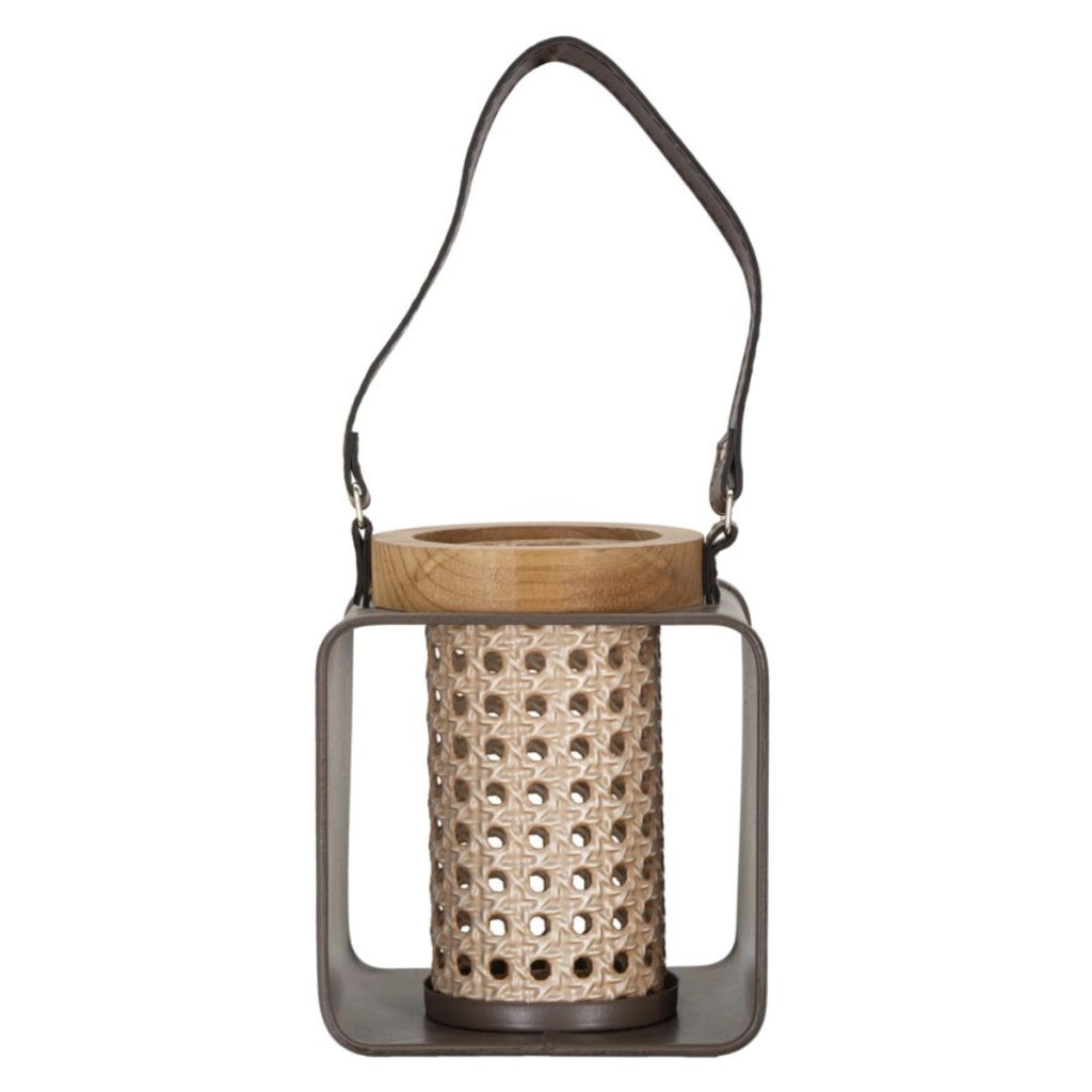 Lanterna in ferro e rattan con manico in cuoio CM 16x13x20