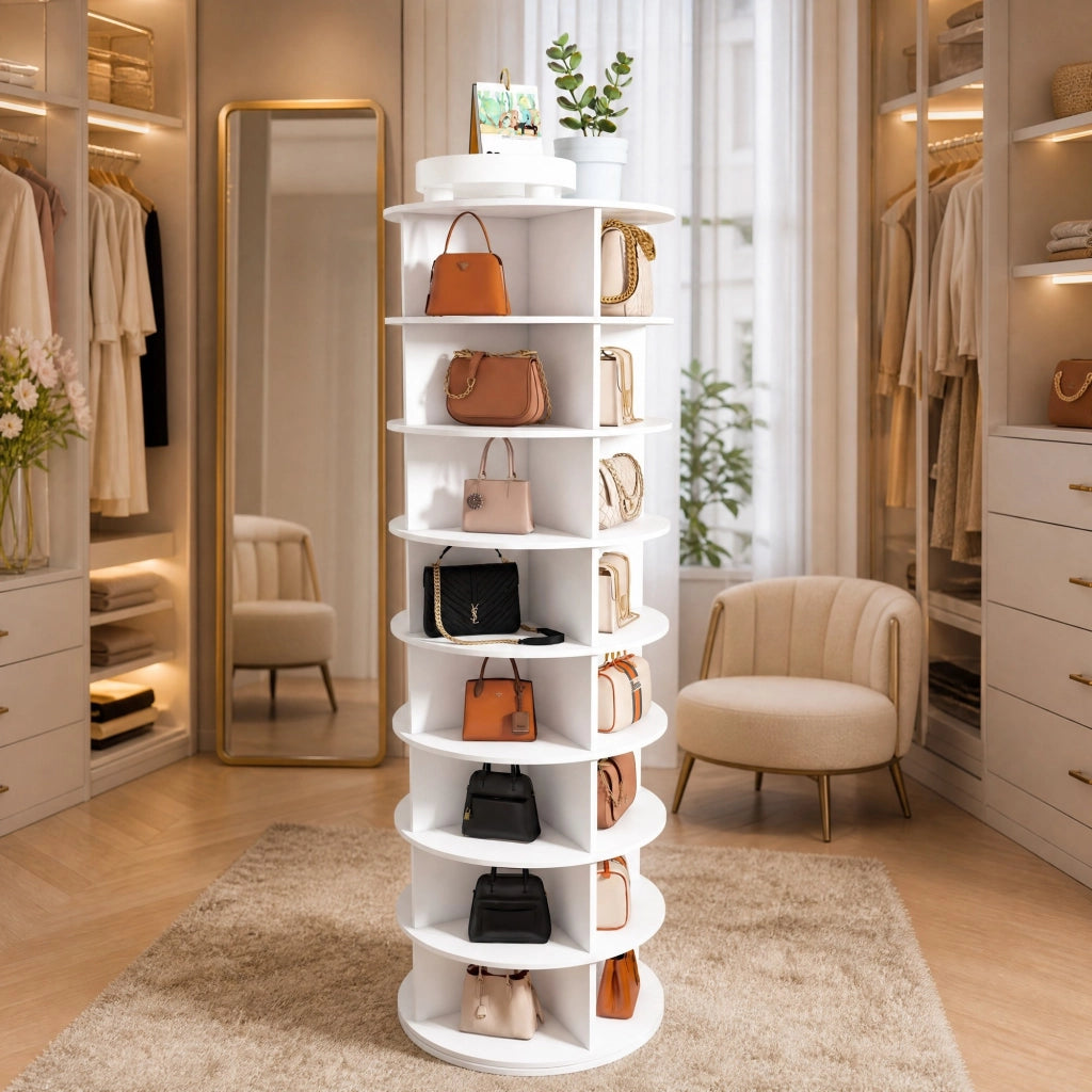 Scarpiera girevole con 8 ripiani per 32 paia di scarpe; in pvc; bianco; per ingresso; 60×60×184 cm