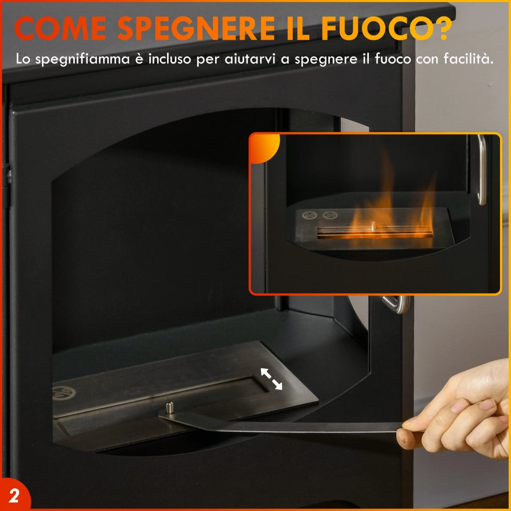 Camino a Bioetanolo Autoportante, Bruciatore da 1.2L Durata 3 Ore, Area Riscaldata 20-25 m2, Nero