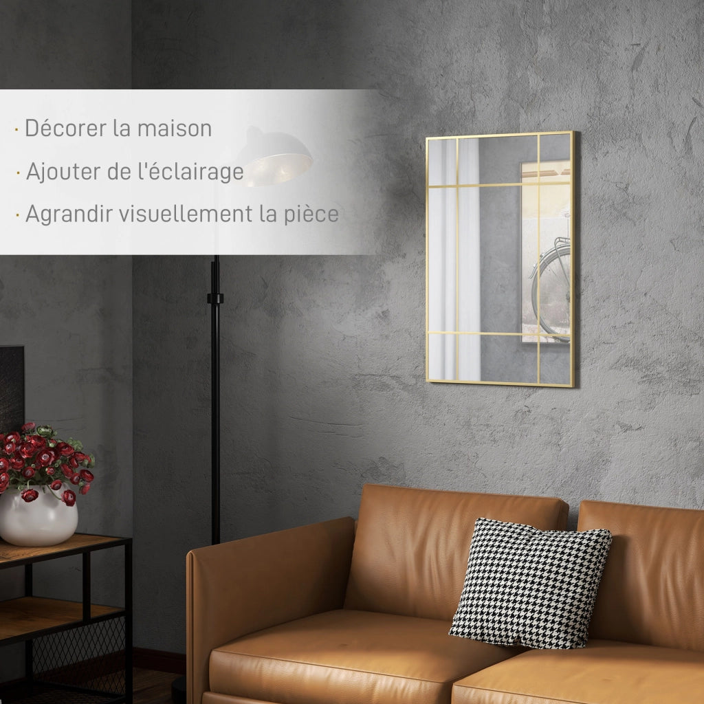Specchio da parete stile industriale con cornice in metallo dorato e 4 ganci ¨C Xylo ¨C 90x60 cm