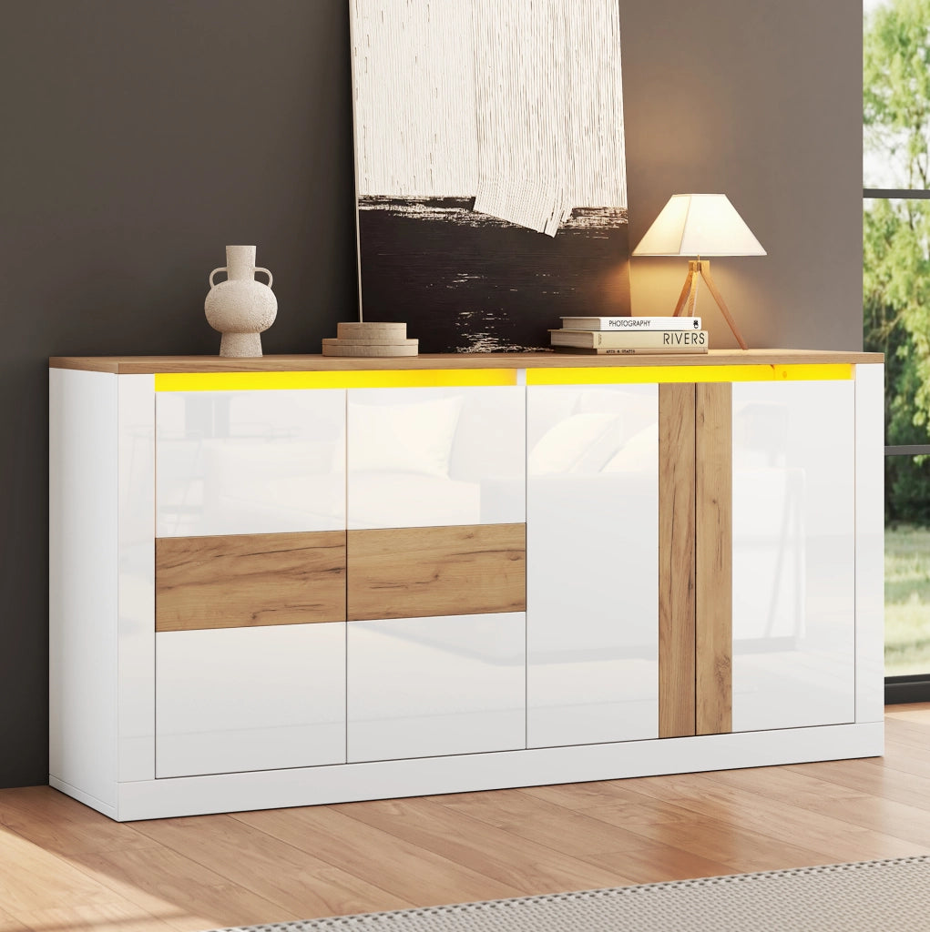 Sideboard moderno 140x35x70 cm in MDF con 4 porte e LED RGB; bianco e rovere naturale