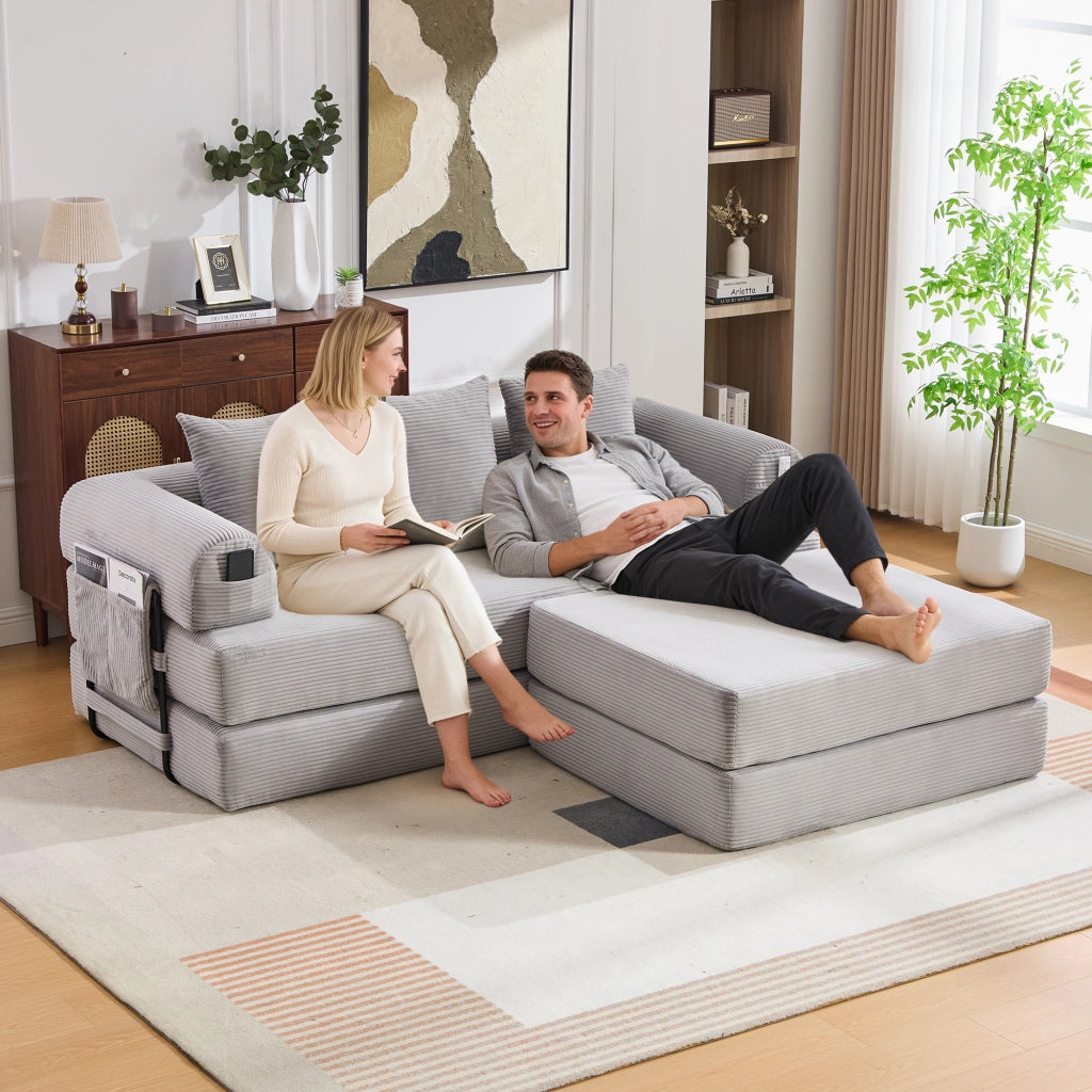 Divano modulare con pouf - Zephmum- Telaio metallico robusto, cuscini comodi, imbottitura extra spessa, combinabile liberamente, colore grigio chiaro