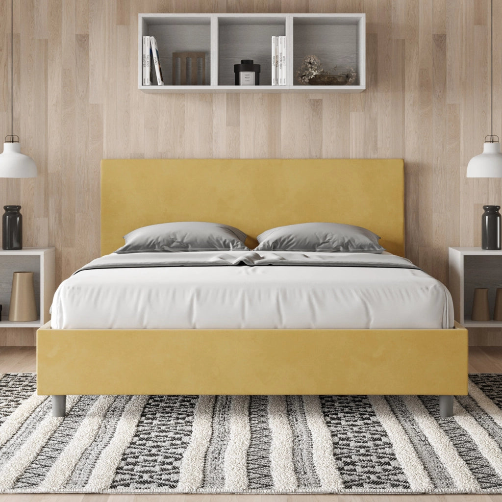 BS COM Letto matrimoniale con rete imbottito 160x200 microfibra ocra