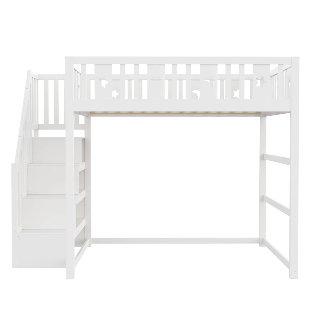 Letto a soppalco singolo 140×200 cm con scala; ripiani e barriera; senza materasso; legno massiccio; bianco
