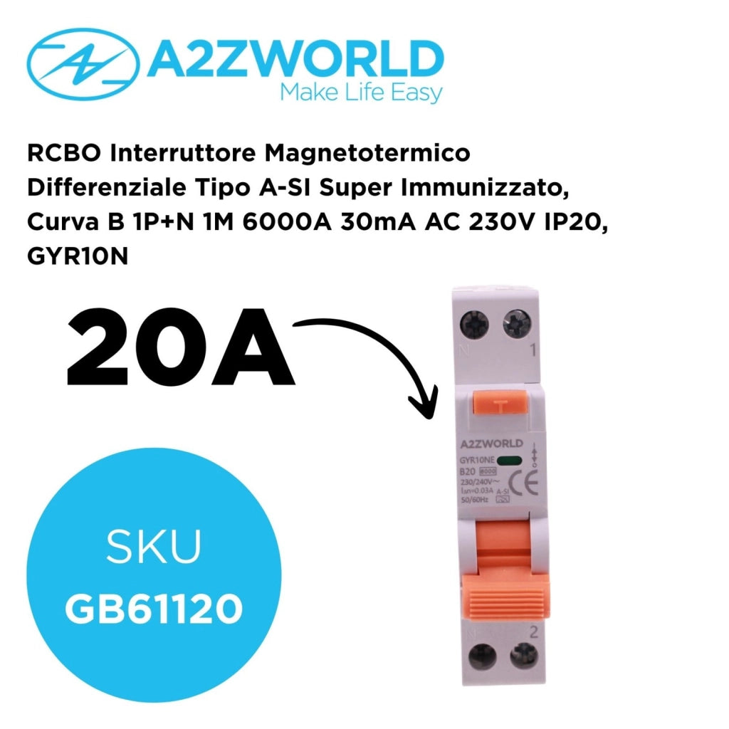 RCBO Interruttore Magnetotermico Differenziale Tipo A-SI Super Immunizzato, Curva B 1P+N 1M 6000A 30mA AC 230V IP20, GYR10N, Disponibili 6A 10A 16A 20A 25A 32A 40A (B20A)